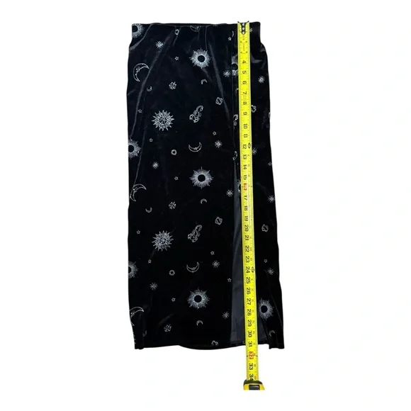 Witchy Celestial Velvet Midi Skirt Moon Sun Astrology Whimsical Slit Small Black - Picture 5 of 6